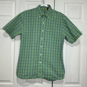 🍓 Izod Luxury Sport Green Blue Short Sleeve Green Blue Plaid Shirt - Medium